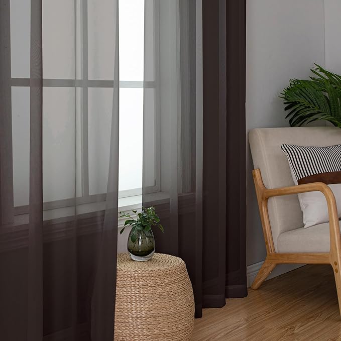 Simplebrand Chocolate Short Sheer Curtains 45 Inch Length for Small Windows, Rod Pocket 2 Panels Set Solid Voile Drapes Window Sheer Curtains for Bedroom Bathroom Kids Room Kitchen, 42x45 Inch, 2pcs