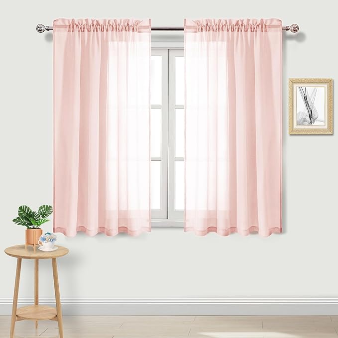 DWCN Blush Pink Sheer Curtains Semi Transparent Voile Rod Pocket Curtains for Bedroom and Living Room, 52 x 45 inches Long, Set of 2 Panels