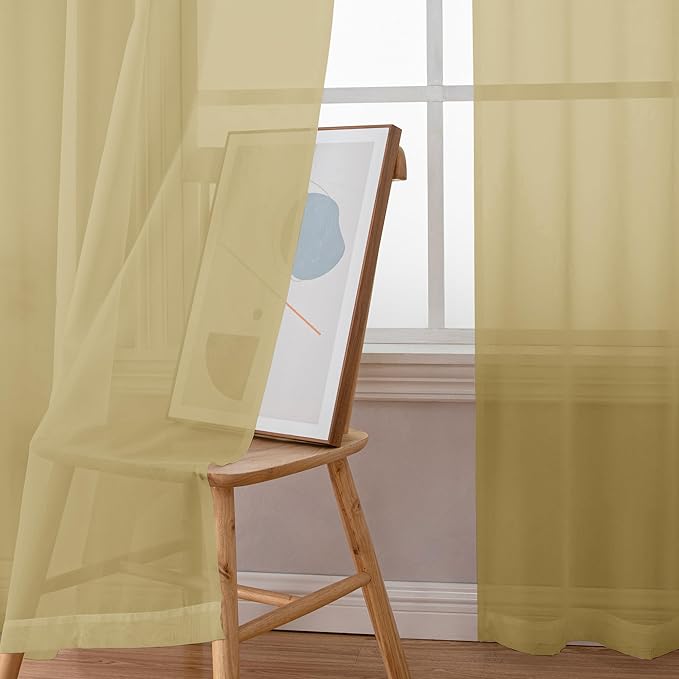 Simplebrand Gold Sheer Curtains, 72" Length, 2 Panels Set - Light Filtering, Rod Pocket Window Curtains for Bedroom (Gold, 59" W x 72" L)