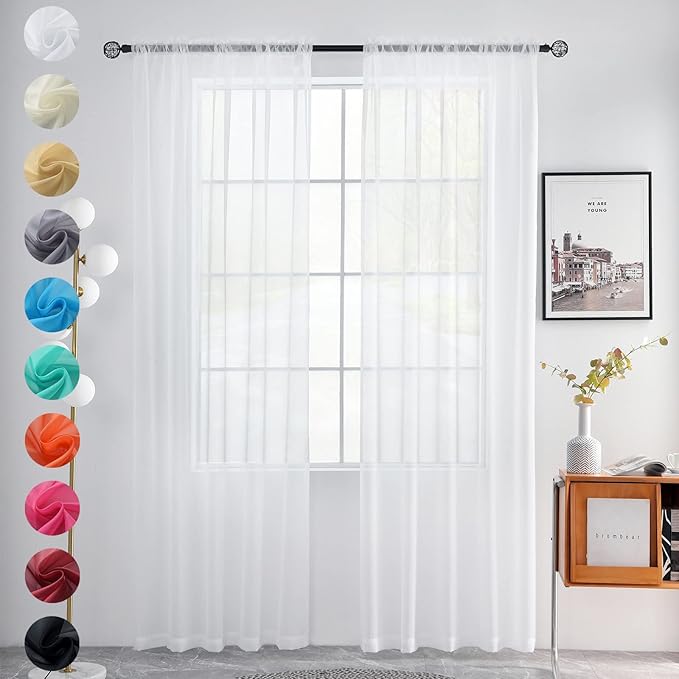 youleyar Solid Sheer Rod Pocket Curtain Voile Draperies 2 Panels White Beige Black Grey Coffee 52 Inch Width 63 Inch Long 1 Pair for Kitchen Bedroom Children Living Room Yard(White,52Wｘ63L)