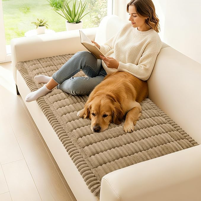 hyha Couch Covers for Dogs Washable, Non Slip Plush Dog Sofa Protectors, Fuzzy Pet Couch Covers for 3 Cushion Sofa Pet Friendly (Khaki, 27.6" x 70.9")