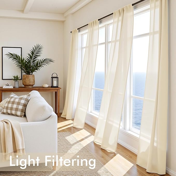MIULEE Butter Cream Sheer Curtains 96 Inches Long, 4 Panels Set, Rod Pocket Voile Drapes Light Filtering and Semi Transparent, Elegant Window Treatments for Bedroom Living Room,54 x 96 Inches