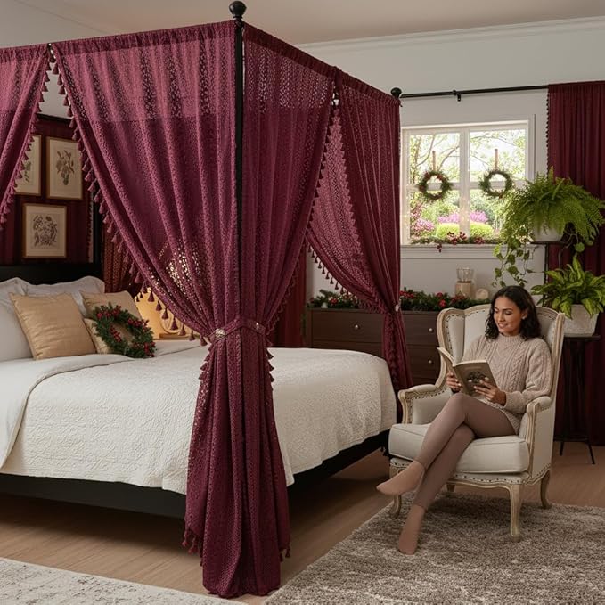 WAZZIO Boho Lace Curtains 63 Inches 2 Panel,Light Filtering Privacy Tassel & Geometry Crochet Semi Sheer Curtain Drapes for Bedroom Living Dining Room,Rod Pocket & Tassel,Burgundy Red
