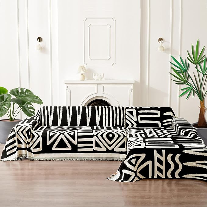 HANDONTIME Boho Sofa Covers for Dogs Black Couch Sofa Covers for 3 Cushion Couch Sofa Beige Chenille Sofa Slipcover Washable Sectional l Shaped Covers Pets Protector Furniture Covers, 71" X134"