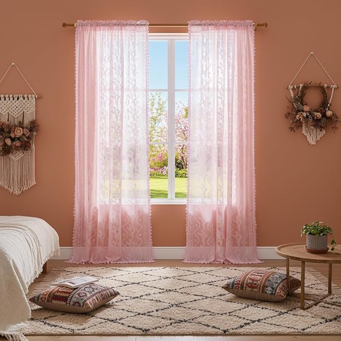 WAZZIO Boho Lace Curtains 84 Inch 2 Panels -Sheer Panel Drape Floral Pattern & Tassel Light Filtering Privacy for Bedroom Dining Living Room,Princess Pink Girl Bedroom Decor,Pale Pink,W52 x 84L