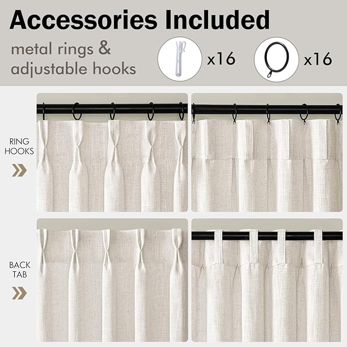 MIULEE 102 Inches Long Pinch Pleated Thick Linen Curtains 2 Panels for Living Room Bedroom, Memory Trained Linen Textured Drapes Pleat Back Tab Light Filtering Boho Natural Window Curtains with Hooks