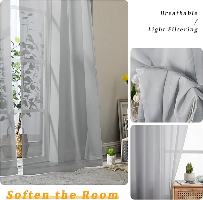 Gwine Light Grey Sheer Curtains for Living Room 45 inches Long, Short Voile Light Filtering Window Treatments Sheer Curtains for Bedroom, Half Window Drapes with Rod Pocket, Each 42" Wx45 L