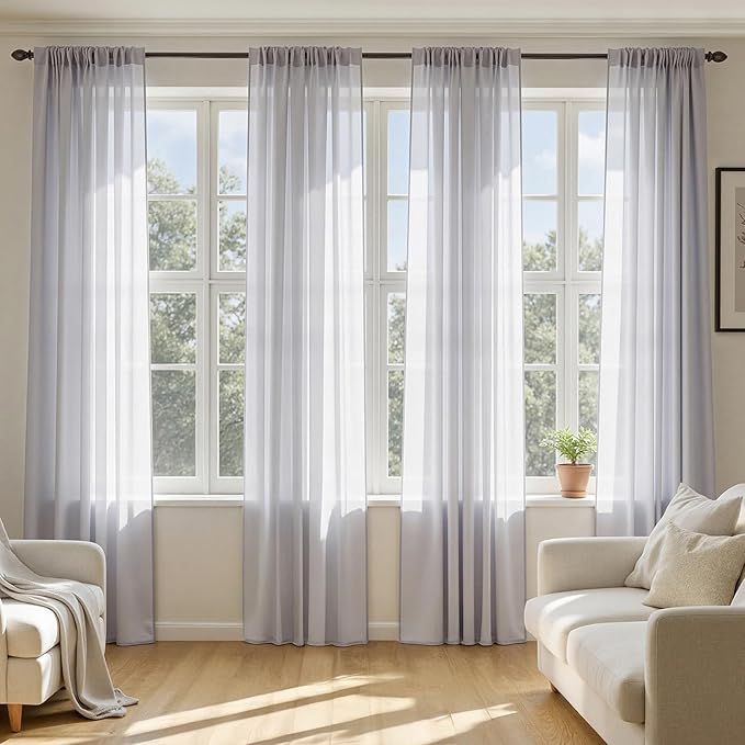 MIULEE Greyish Lilac Sheer Curtains 96 Inches Long, 4 Panels Set, Rod Pocket Light Filtering Window Drapes for Bedroom and Living Room, Elegant Airy Fabric, 54 x 96 Inches