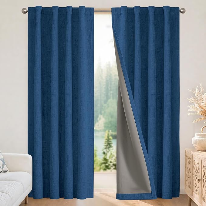 Joydeco Linen Blackout Curtains for Bedroom - 100% Light Blocking 1 Panels, Navy Blue Drapes 70" W x 108" L, Thermal Insulated Room Darkening Curtains for Living Room, Rod Pocket & Back Tabs