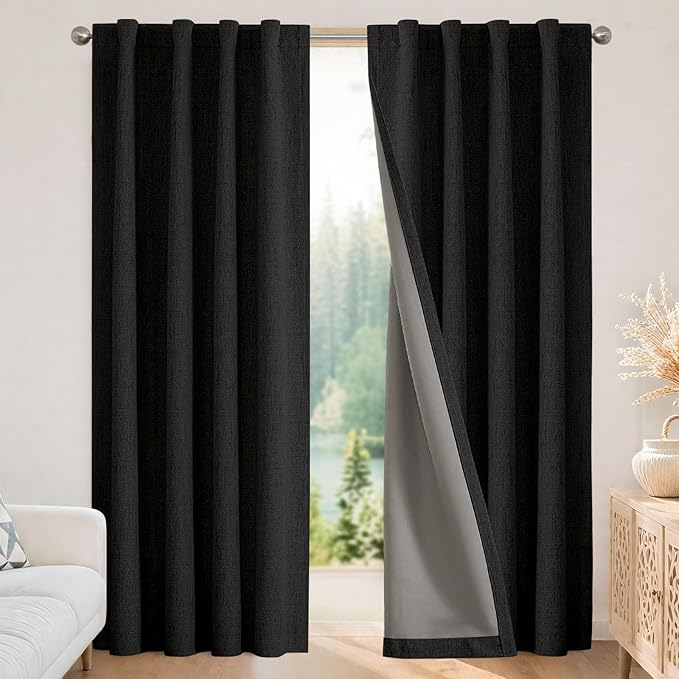 Joydeco Blackout Curtains for Bedroom - 108 Inch Long 100% Light Blocking 2 Panels Set Black Drapes, Thermal Insulated Room Darkening Curtains, Linen Textured for Living Room, Rod Pocket & Back Tabs