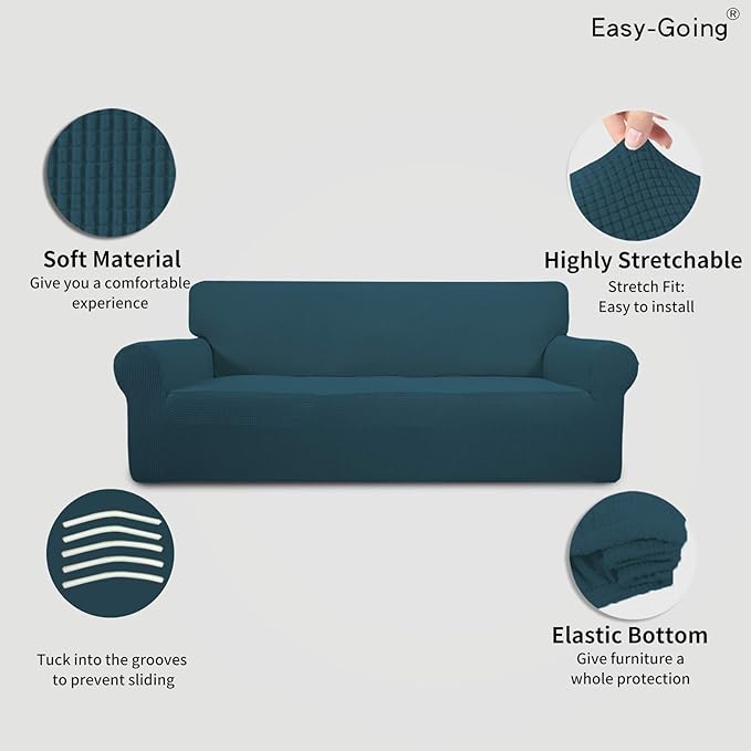 Easy-Going Stretch Sofa Slipcover 1-Piece Sofa Cover Furniture Protector Couch Soft with Elastic Bottom for Kids, Polyester Spandex Jacquard Fabric Small Checks (Sofa, Deep Teal)
