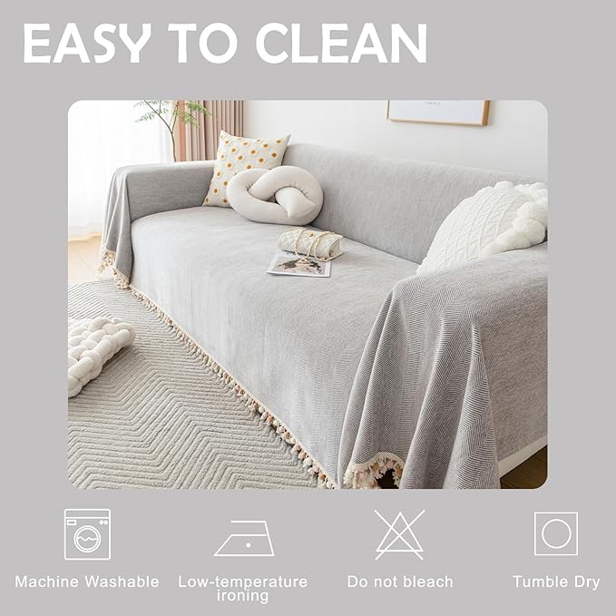 HANDONTIME Grey Sofa Cover for Couch Boho Couch Cover for 3 Seat Dog Couch Cover Love Seat Couch Covers Light Grey Sectional Cover 71" X134" Tassel Chenille Herringbone Sofa Covers Washable