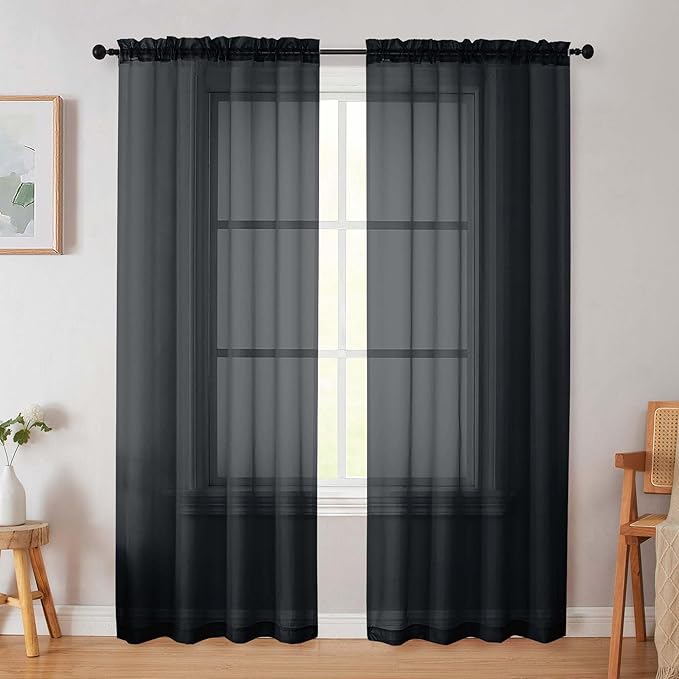 Black Sheer Curtain for Bedroom Living Room 72 Inches Long 2 Panels Set, Solid Soft Airy Light Filtering Sheer Window Curtains, Modern Rod Pocket Door Curtain, Black, 42" Wx72 L Inches