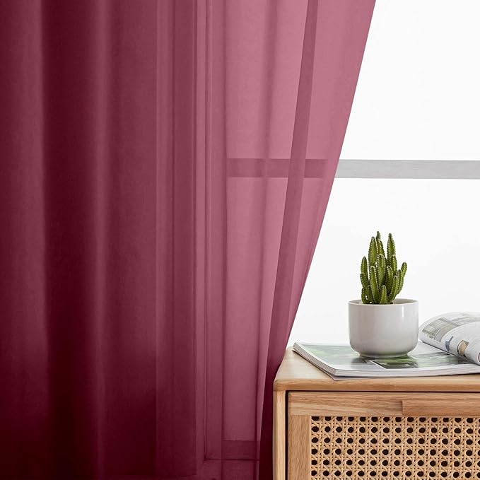 Burgundy Sheer Curtains 63 Inch Length 2 Panels Set for Living Room Bedroom, Airy Soft Light Filtering Sheer Dining Room Curtains, Modern Rod Pocket Drapes, Burgundy, Each 42" Wx63 L