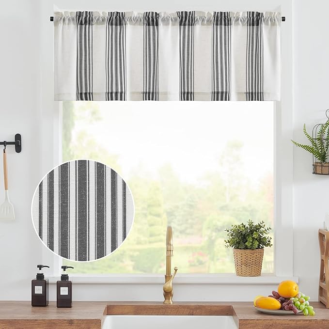 jinchan Striped Linen Valance Curtain 16 Inch Vertical Striped Valance for Kitchen Bathroom Light Filtering Window Treatment Rod Pocket Farmhouse Rustic Semi Sheer Short Window Curtain 1 Panel Black