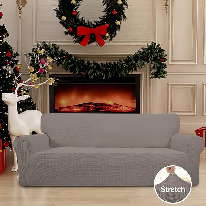 Easy-Going Stretch Oversized Sofa Slipcover 1-Piece Sofa Cover Furniture Protector Couch Soft with Elastic Bottom for Kids, Polyester Spandex Jacquard Fabric Small Checks Taupe