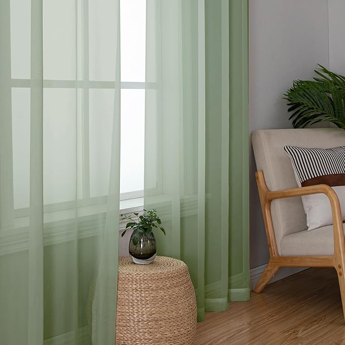 Simplebrand Sage Green Sheer Curtains 96 Inches Long, Light Filtering Rod Pocket Solid Color Window Sheer Curtain Panels, Elegant Curtains & Drapes for Living Room, Bedroom 2 Panels, 59" W x 96" L