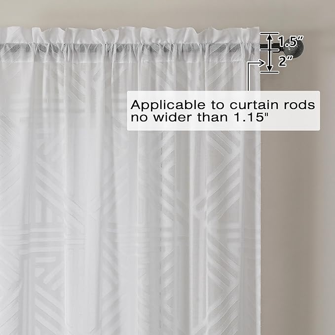 Simplebrand Semi Sheer White Curtains 63 Inch Length 2 Panels, Light Filtering Geometric Jacquard Clip Textured Short Sheer Curtains for Bedroom，Modern Elegant Window Curtains Drapes，42x63 inch