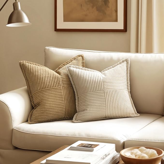MIULEE Decorative Lumbar Throw Pillow Covers for Couch Bed Livingroom 12x20 Inch Set of 2 Beige Boho Accent Throw Pllows Broadside Striped Patchwork Soft Corduroy Pillowcases