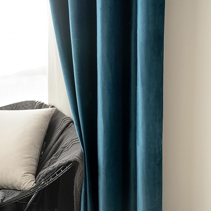 MIULEE Blue Velvet Curtains 63 Inches Length Blackout Curtains Thermal Insulated Soundproof Room Darkening Grommet Curtains/Drapes for Living Room Bedroom 52 x 63 Inch 2 Pcs Peacock Blue