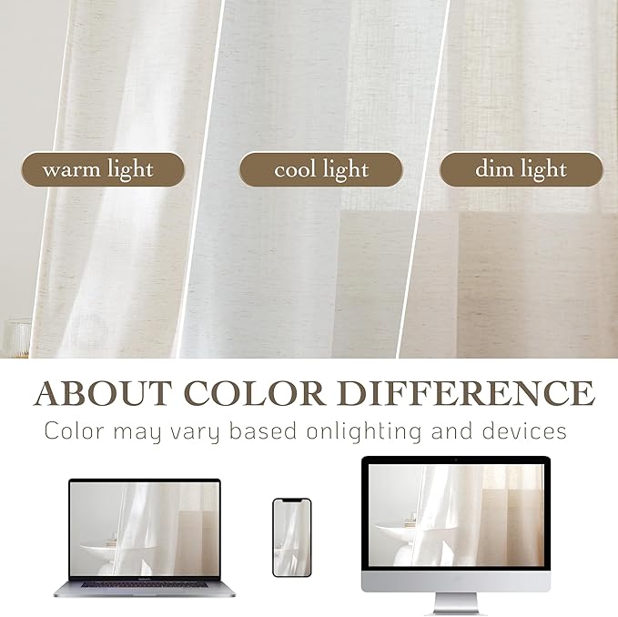 RYB HOME Linen Sheer Curtains Light & Airy Translucent Privacy Protected Vertical Panels for Bedroom Living Room, Rod Pocket & Back Tab, Ivory, W 52 x L 95 inch, 2 Panels