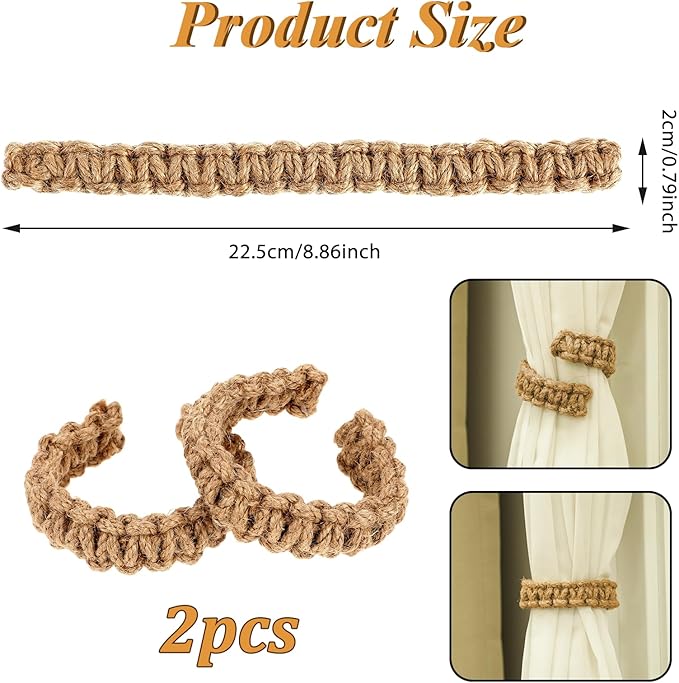 Ptwola 2 Pack Braided Curtain Tiebacks Boho Elegant Rustic Curtain Holdbacks Tie Backs Holders Set Simple Light Weight Drapes Decorative Accessories Handmade for Home Office Bedroom Window (2, Linen)