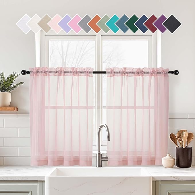 Blush Pink Small Sheer Curtains 2 Panels Set, Kitchen Curtains 36 Inch Length, Elegant Light Filtering Short Window Drapes for Living Room Bedroom, Dual Rod Pocket Design, 2x42Wx36L Inches