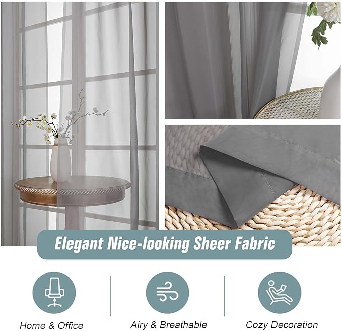 Grey Window Sheer Curtains 45 Inches Length, Voile Short Curtains for Living Room Bedroom, Modern Window Drapes 2 Panels, Top Dual Rod Pocket Design, Charcoal Grey, 2x42Wx45L Inches
