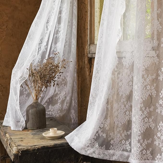 YJ YANJUN Vintage Lace Curtains 90 Inches Long- Elegant Floral White Sheer Curtain Panels for Living Room Bedroom Patio Sliding Door French Country Winter Holiday Drapes 52" W x 90" L Bright White