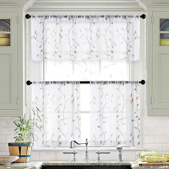 MRTREES Sheer Curtain Valances 2 Panels, Leaves Embroidered Voile Valance Curtains Rod Pocket, 54x16 Inches Small Sheer Window Curtain Valance for Bedroom/Living Room/Kitchen/Basement(Taupe Leaves)