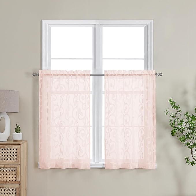 OWENIE Furman Cafe Curtains 30 Inch Length 2 Panels Set, Elegant Geometric Jacquard Short Sheer CurtainsTiers for Kitchen/Living Room/Bedroom Small Window 28" W x 30" L, Blush Pink