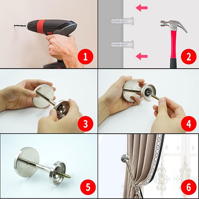 Curtain Tiebacks 2 Pack Wall Mounted Zinc Alloy Tiebacks with Screws, Stylish Silver Holders for Home Office Decor