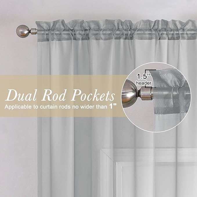 Lecloud Light Grey Sheer Curtains 63 Inch Length 2 Panels, Light Filtering Solid Voile Living Room Silver Gray Curtain & Panel, Dual Rod Pockets Gauzy Window Kitchen Bedroom Drapes, 40X63 Inches
