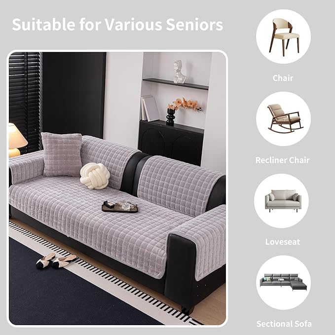 Velvet Couch Cover, Washable Sectional Sofa Cover, Anti Slip Sofa Slipcovers for 3 Cushion Couch Sofa L Shaped Recliner, Furniture Protector Covers for Pets Kids(Light Grey, Only 1 PCS)