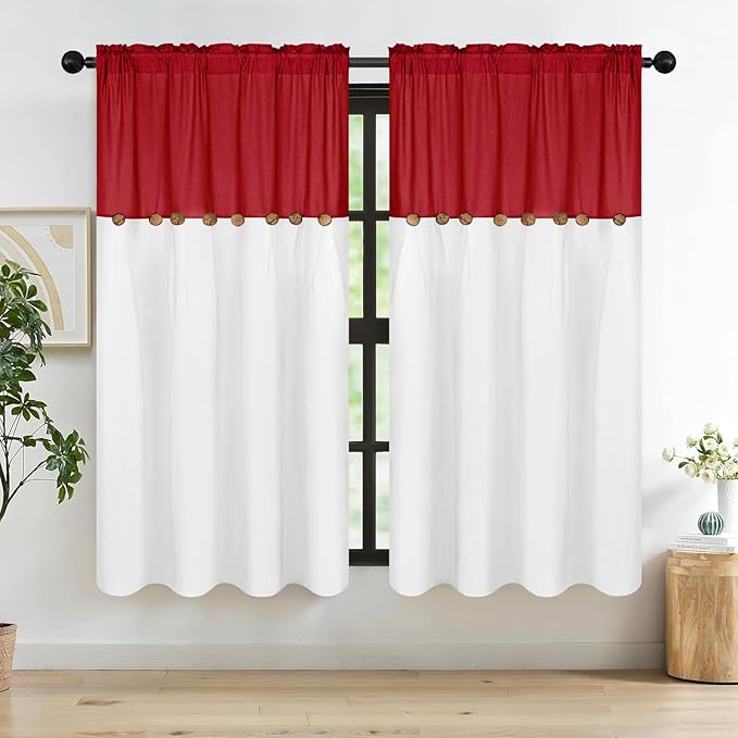 FRAMICS Farmhouse Cotton Linen Curtains for Living Room, Boho Button Curtains 63 inch Length, Rustic Country Linen Window Curtains for Bedroom, Rod Pocket Drapes, 52 x 63 Inch, Red and White