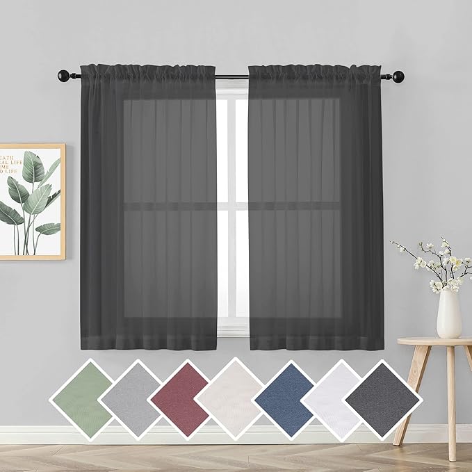 OVZME 45 Inches Length Black Sheer Curtains for Small Windows Rod Pocket 2 Panels Set, Lightweight & Breathable & Soft Touching Voile Panels for Kitchen, Each 42" Wx45 L, Black