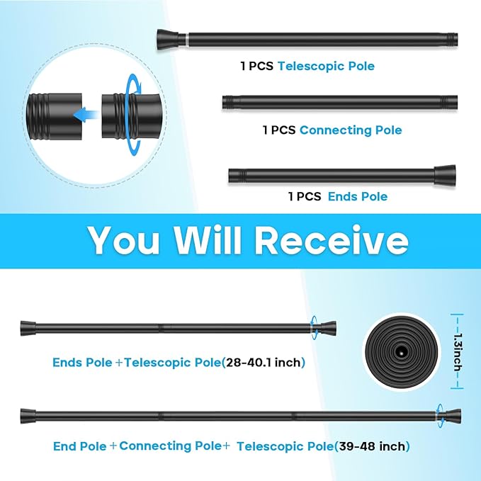 AIZESI Tension Curtain Rod 28 to 48 Inch, 2pcs Black Tension Rod Adjustable Curtain Rod Curtain Tension Rod Spring Tension Curtain Rod No Drill Spring Curtain Rod Small Shower Rod