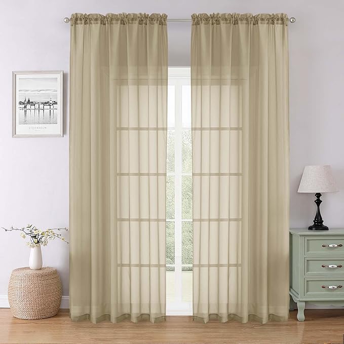 Lecloud Taupe Sheer Curtains 90 Inches Long 2 Panels Set, Living Room Curtains for Bedroom Decor Dual Rod Pocket, Farmhouse Airy Light Filtering Solid Dining Room Drapes, Each Panel 59" W x 90" L