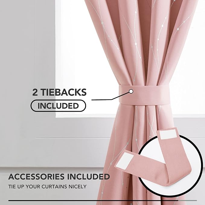 Deconovo Pink Blackout Curtains for Bedroom, Thermal Insulated Soundproof Pravicy Curtain, Silver Wave Dots Print, 42 x 84 Inch Long, Machine Washable Window Panels for Kids Room Nursery, Set of 2