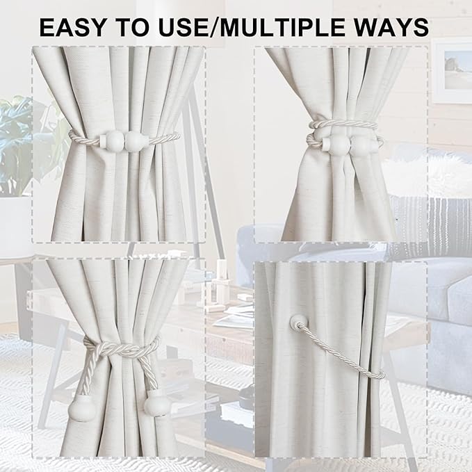 4 Pack Magnetic Curtain Tiebacks Modern Handmade Rope Curtain Tie Backs Decorative Drapes Weave Holdbacks for Home Outdoor Bedroom Office Decorative Curtain, White