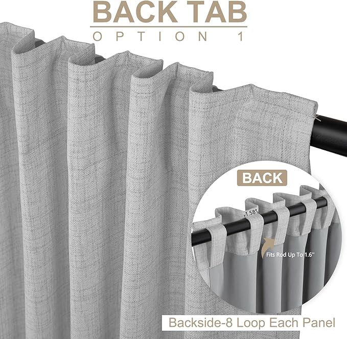 100% Blackout Shield Linen Blackout Curtains for Bedroom 102 Inches Long, Back Tab/Rod Pocket Living Room Drapes, Thermal Insulated Blackout Curtains 2 Panels Set, 50" W x 102" L, Grey