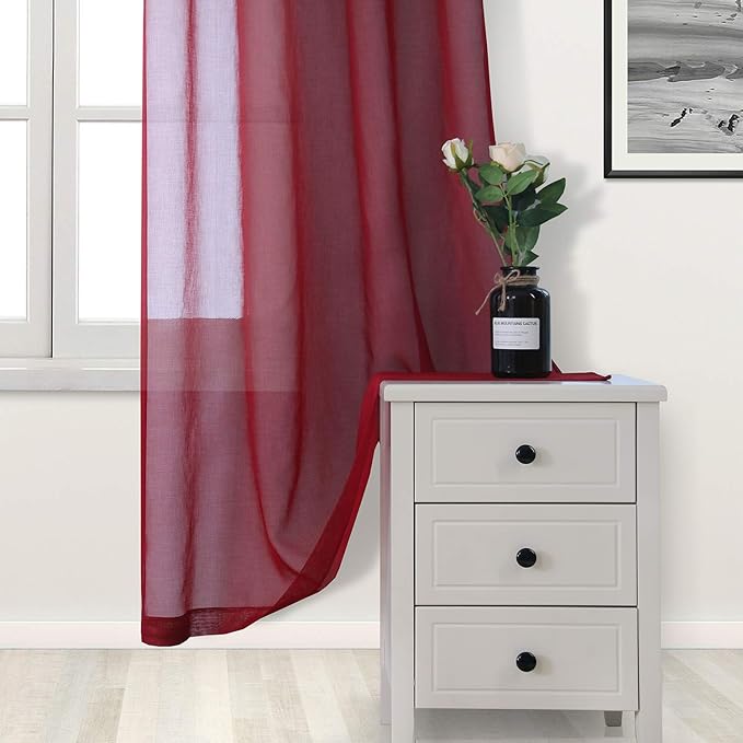 DWCN Christmas Burgundy Sheer Curtains Semi Transparent Voile Rod Pocket Curtains for Bedroom and Living Room, 52 x 45 inches Long, Set of 2 Panels