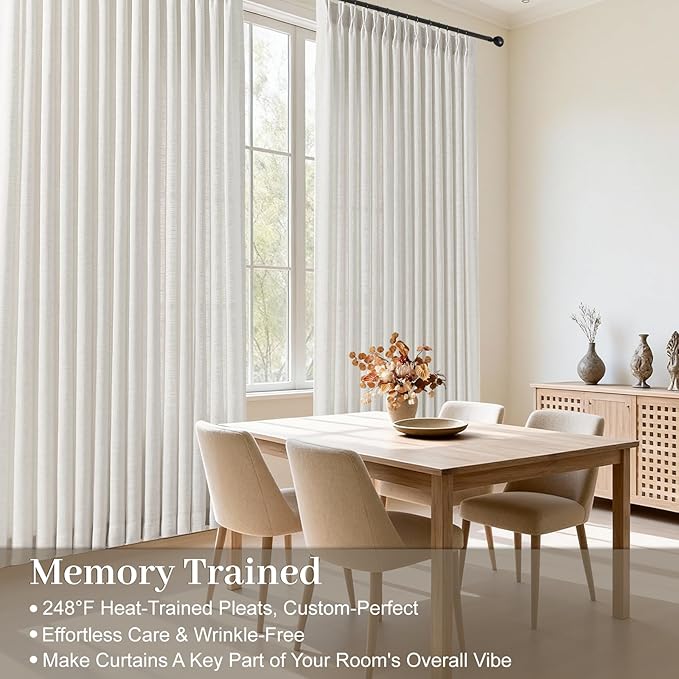 IVAPUPU Pinch Pleated Curtains 90 Inch Long for Living Room, Extra Wide Semi Sheer Pleated Drapes Back Tab Hooks Rings Light Filtering Privacy Linen Curtain for Office, Beige White, 70Wx90L, 1 Panel