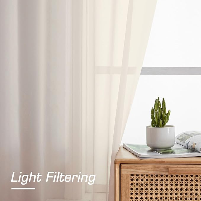 OWENIE Cream Sheer Curtain 96 Inch Long 2 Panels Set, Light Filtering Clear Rod Pocket Soft Sheer Curtain 95 for Bedroom/Living Room, 2Pcs, Each 42" W x 96" L, Cream