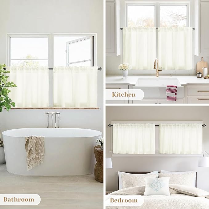 HOMEIDEAS Non-See-Through Ivory Privacy Sheer Kitchen Curtains, 30 X 36 Inches Long 2 Panels Short Sheer Curtains Light Filtering Bathroom Window Drapes for Bedroom Living Room