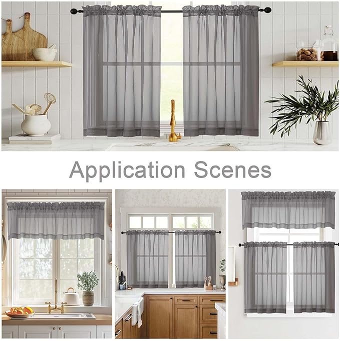 Cafe Curtains 36 Inch Length Tier 2 Pieces, Modern Soft Airy Sheer Kitchen Short Curtains for Small Window, Rod Pocket Small Curtain for Bathroom Basement, Grey, Each, 42" Wx36 L Inches