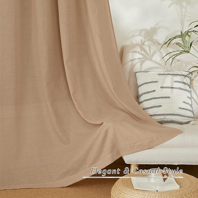 NICETOWN Flax Camel Linen Curtains for Room Divider, Grommet Top Thick Flax Semi Sheer Vertical Drapes Privacy Assured with Light Filtering for Sliding Glass Door, W68 x L84, 2 Pieces