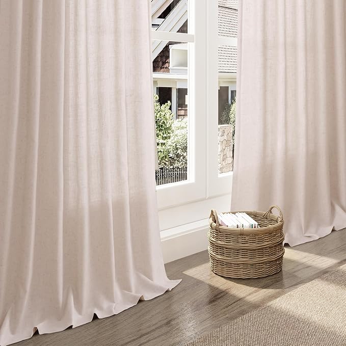 Nanspring Natural White Linen Curtains 96 Inches Long for Living Room Light Filtering Neutral Farmhouse Decor Curtains Back Tab and Rod Pocket Privacy Sheer Curtain for Bedroom 52x96, 2 Panels