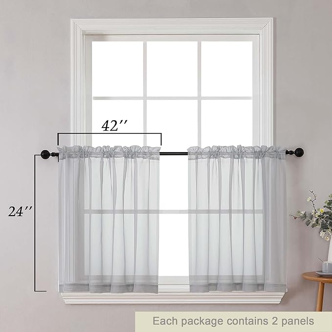 Kitchen Curtains 24 Inch Length Tier 2 Pieces, Light Grey Sheer Curtain Solid Soft Sheer Short Curtains for Windows, Cafe Bathroom Basement Rod Pocket Drapes, Light Grey, Each 42"Wx24"L Inch