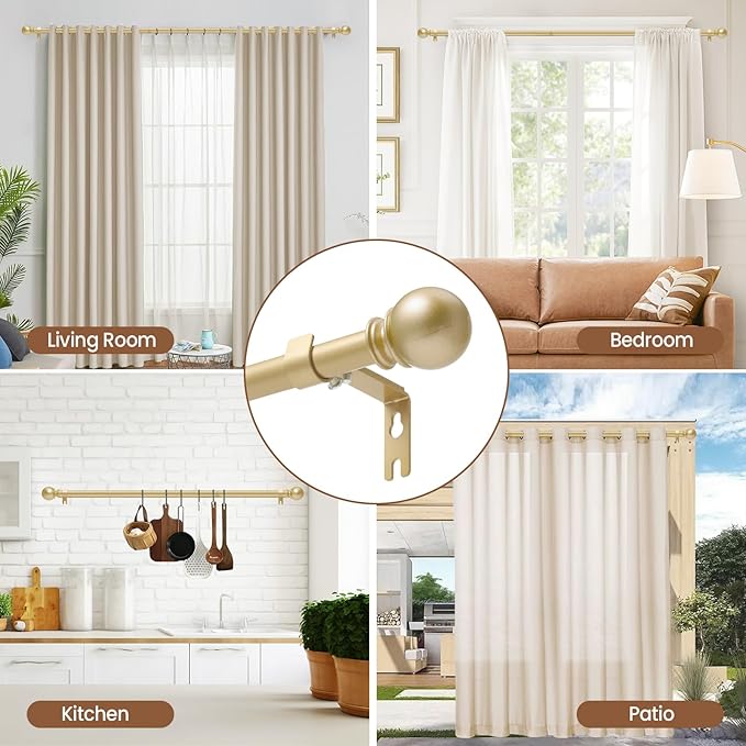 Gold Curtain Rod for Windows 66 to 120 Inch, 5/8 Inch Diameter Adjustable Curtain Rods With Brackets, Heavy Duty Easy to Install Curtain Rods for Bedroom, Outdoor Curtain Rod for Patio